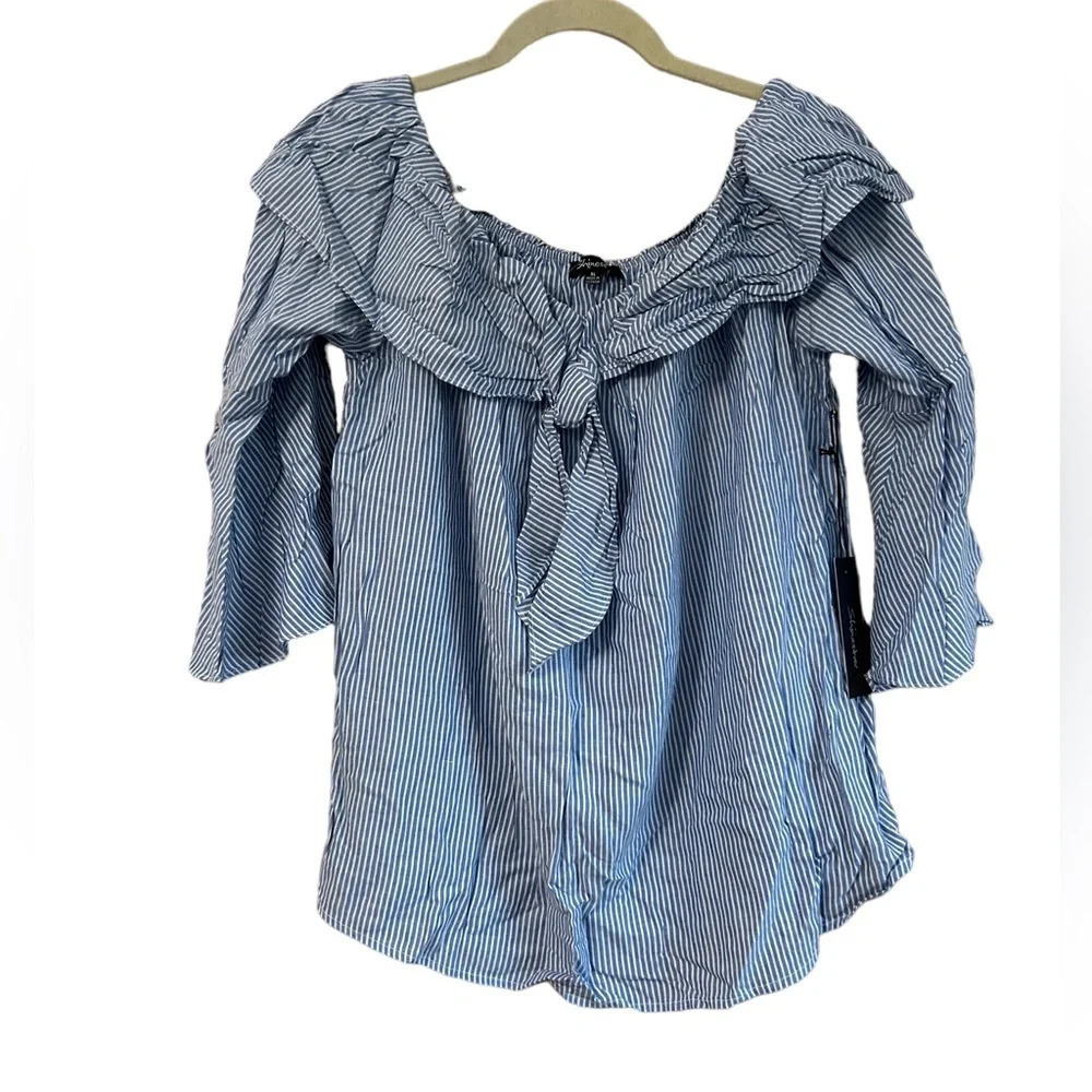 NWT SHINESTAR PINSTRIPE OFF-SHOULDER PEASANT BLOUSE